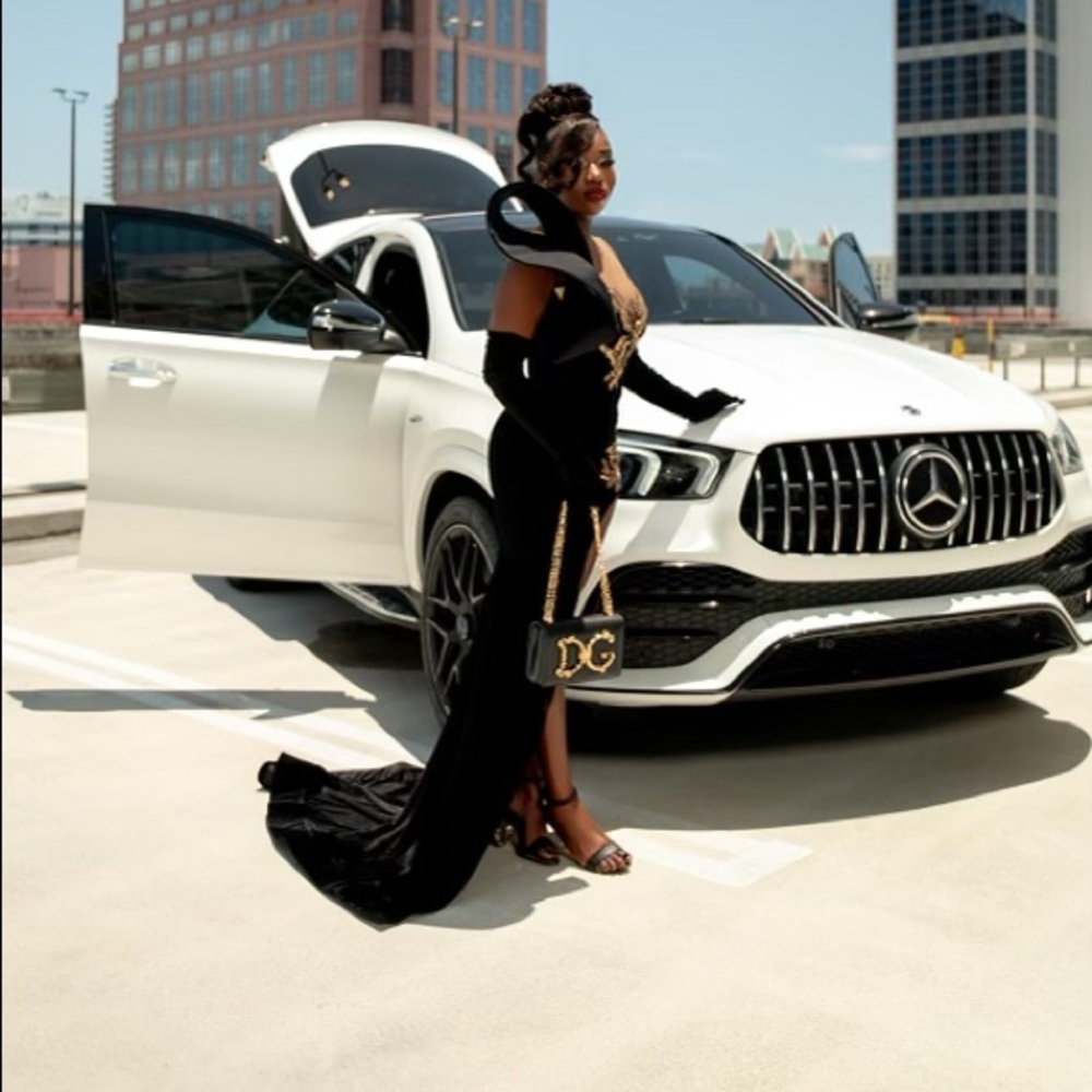 Black and gold prom dress with gloves
